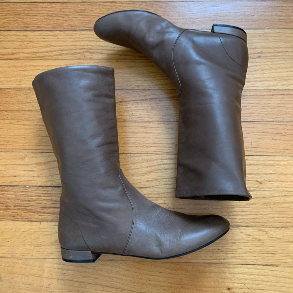 Authentic PRADA Taupe Leather Flat Mid-Calf Boots size 37.5 EUC